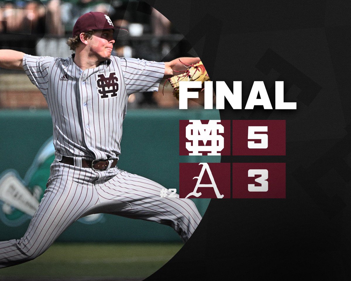 HailStateBB's tweet photo. DAWGS. WIN. 😤

State takes the finale 5-3 over No. 2 Arkansas in 12 innings!! 

#HailState🐶 https://t.co/vlKHHtndO1