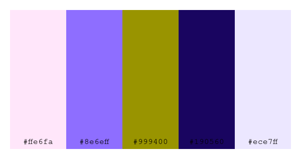 ColPaletteBot's tweet photo. Beep beep, here's a pretty color palette for you! 

color-scheme.js parameters used: 
- hue: 115
- variation: hard
- colors: #ffe6fa, #8e6eff, #999400, #190560, #ece7ff

Have a lovely evening!

#twitterbot #colorpalette #colors #palette #prettycolors https://t.co/zNmA1jGbmS