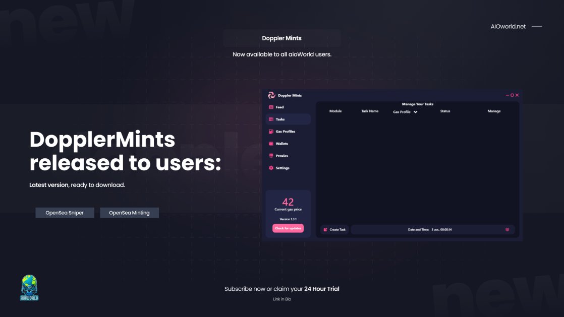 Real_AIOWorld's tweet photo. 🚨NEW BOT RELEASE🚨
DopplerMints has been released for all AIOWorld members🎉

Our members will be able to snipe #NFT on #opensea, mint contracts and more🤖

To celebrate we're hosting a giveaway for a free LIFETIME membership🎁

Follow 
@Real_AIOWorld 

Retweet
Tag 2 friends https://t.co/sjm05IDpTc