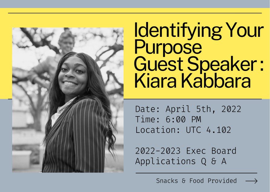 Join us this Tuesday at 6:00 PM where we’ll have a conversation with guest speaker Kiara Kabbara on Identifying your purpose. We’ll also provide info on the 2022-2023 exec board applications !! Be there 🤩🧡🤘🏾 

#ut22 #ut23 #ut24 #ut25