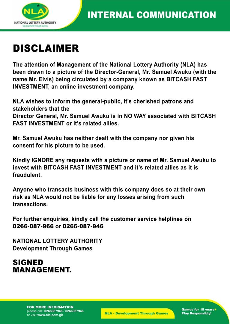 NLA_goodcauses's tweet photo. The Director General of NLA Mr. Samuel Awuku is NO WAY associated with BITCASH FAST INVESTMENT or it's related allies. https://t.co/jJuI3lGich