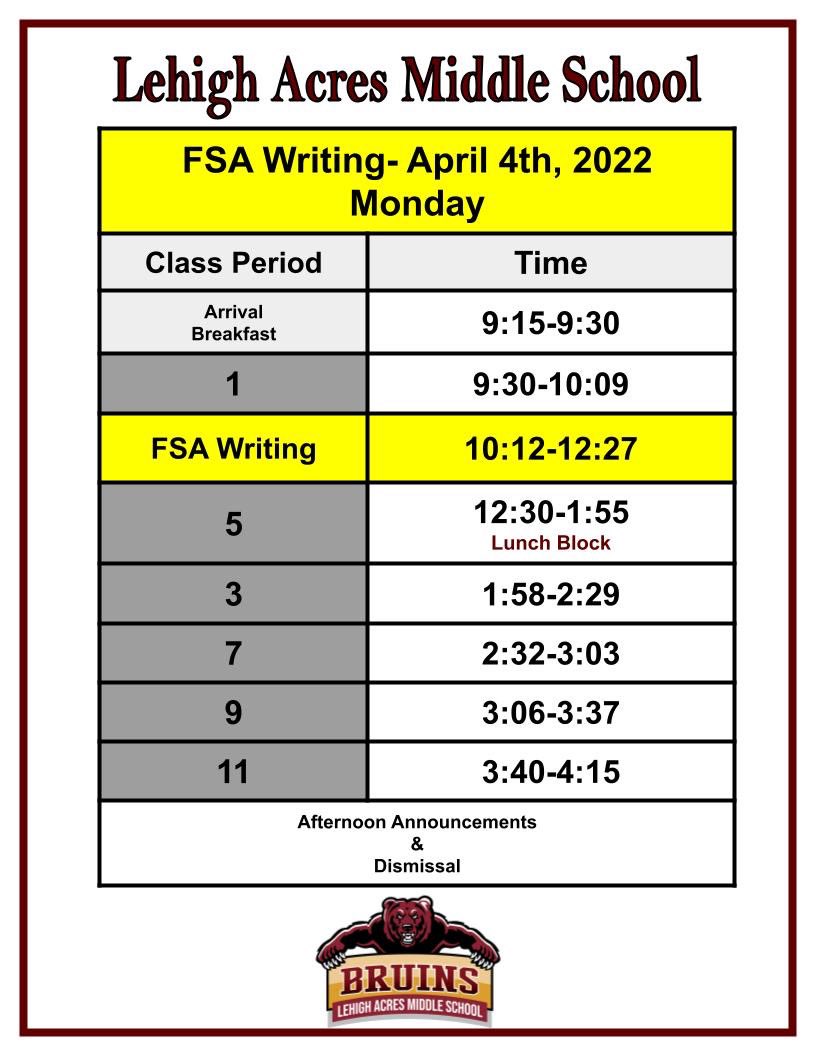 LehighMiddle's tweet photo. We will be on an altered schedule tomorrow for FSA Writing. Remember to get a restful night of sleep and eat a balanced breakfast tomorrow.
#bruins #FSAwriting #lehighmiddle https://t.co/1kO4v5SvHD