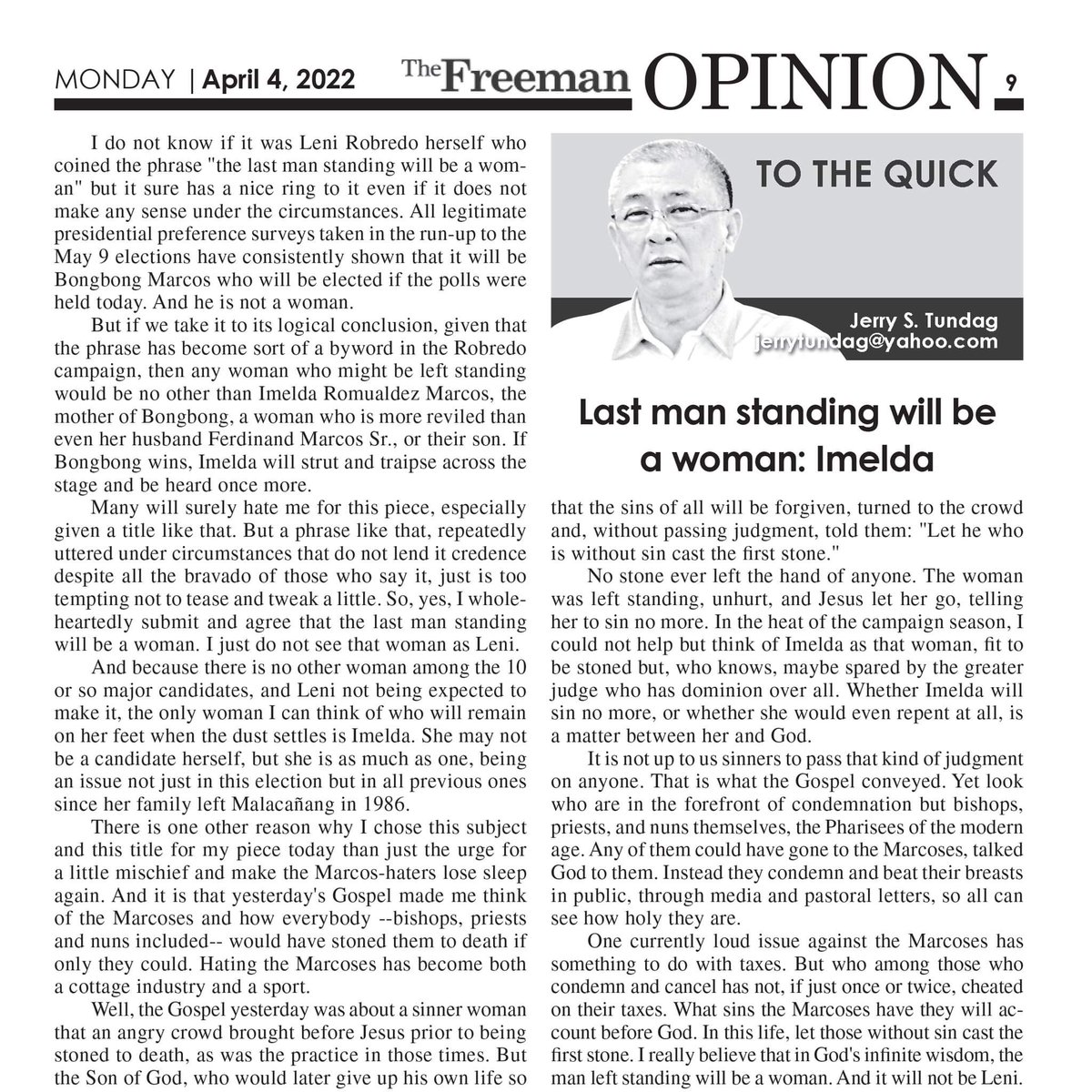 #Leni not being expected to make it, the only woman I can think of who will remain on her feet when the dust settles is #Imelda.                     #Marcos 🇵🇭#Halalan2022                          philstar.com/the-freeman/op…