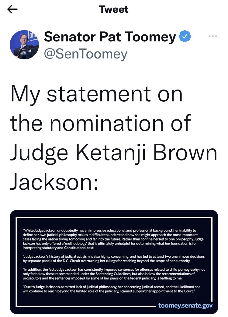 @SenToomey, as one of your constituents I am disappointed & disgusted with your decision. Clearly you are making the decision based on your party & not her qualifications. Your career as Senator ends in complete failure. You will go down on the wrong side of history. #confirmKBJ