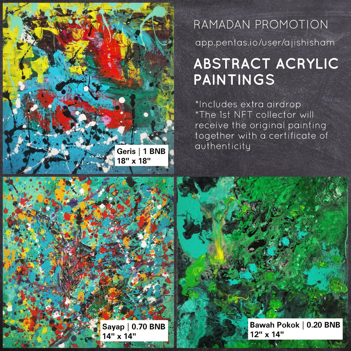 SueAnnaJoeArt's tweet photo. Physical canvas abstract painting anyone? Done by my husband @AjisHisham

First collector receives the physical with signed authenticity certificate plus an airdrop and a complimentary Raya card from @SecretMailSrvc to be given to your loved one with custom message https://t.co/0H0togQlMw