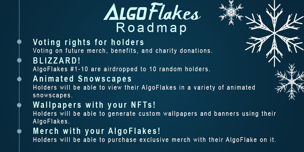 AlgoFlakes's tweet photo. The #AlgoFlakes roadmap🤯
Minting in mid-late April for around 0.01 #ETH (TBD) with a concrete roadmap that adds value over time and gives holders direct input🚀
#NFT #NFTs #NFTCommmunity #NFTcollection https://t.co/mF8NCO5uFj