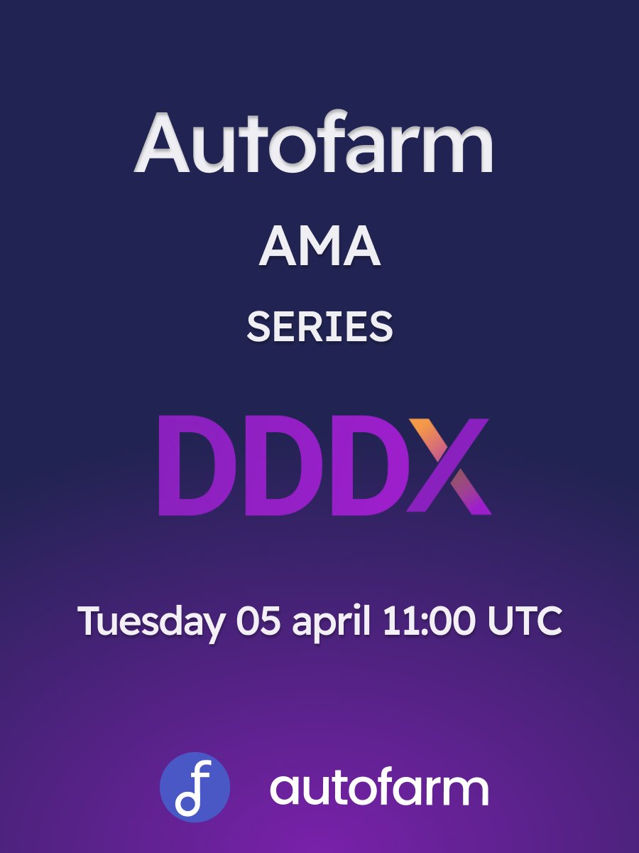 autofarmnetwork's tweet photo. 👉 Don't wanna miss the next big thing?

Join us in our #AMAseries at our Telegram channel with @DDDX_io to learn all the exciting news about this innovative protocol 😄

📅Mark your calendar!

#BNBCHAIN #yield #crypto #Earn https://t.co/evQOvAJ4lc