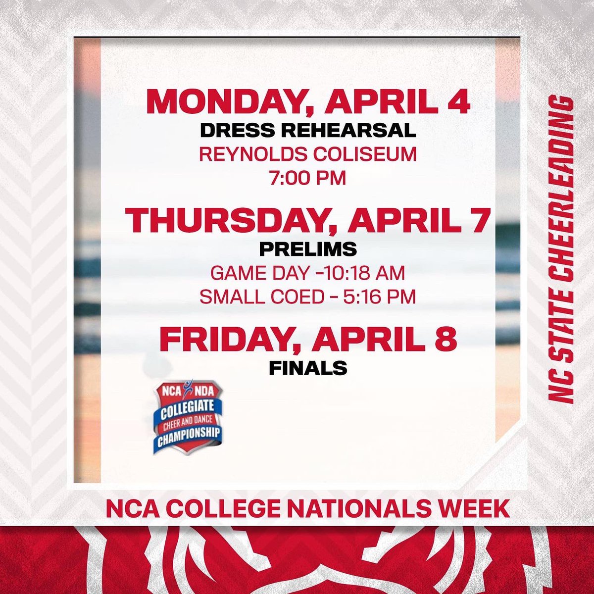 ncsucheer's tweet photo. The 2022 NCA College Cheerleading Championships start Thursday! Follow along as the PACK goes for its 8th national title! #TraditionofExcellence | #OPOF4L
🏆 NCA College Nationals
📆 April 7-10
📍Daytona Beach, FL
📺 https://t.co/pqtyH20hGH https://t.co/mt6ZhjBPQL