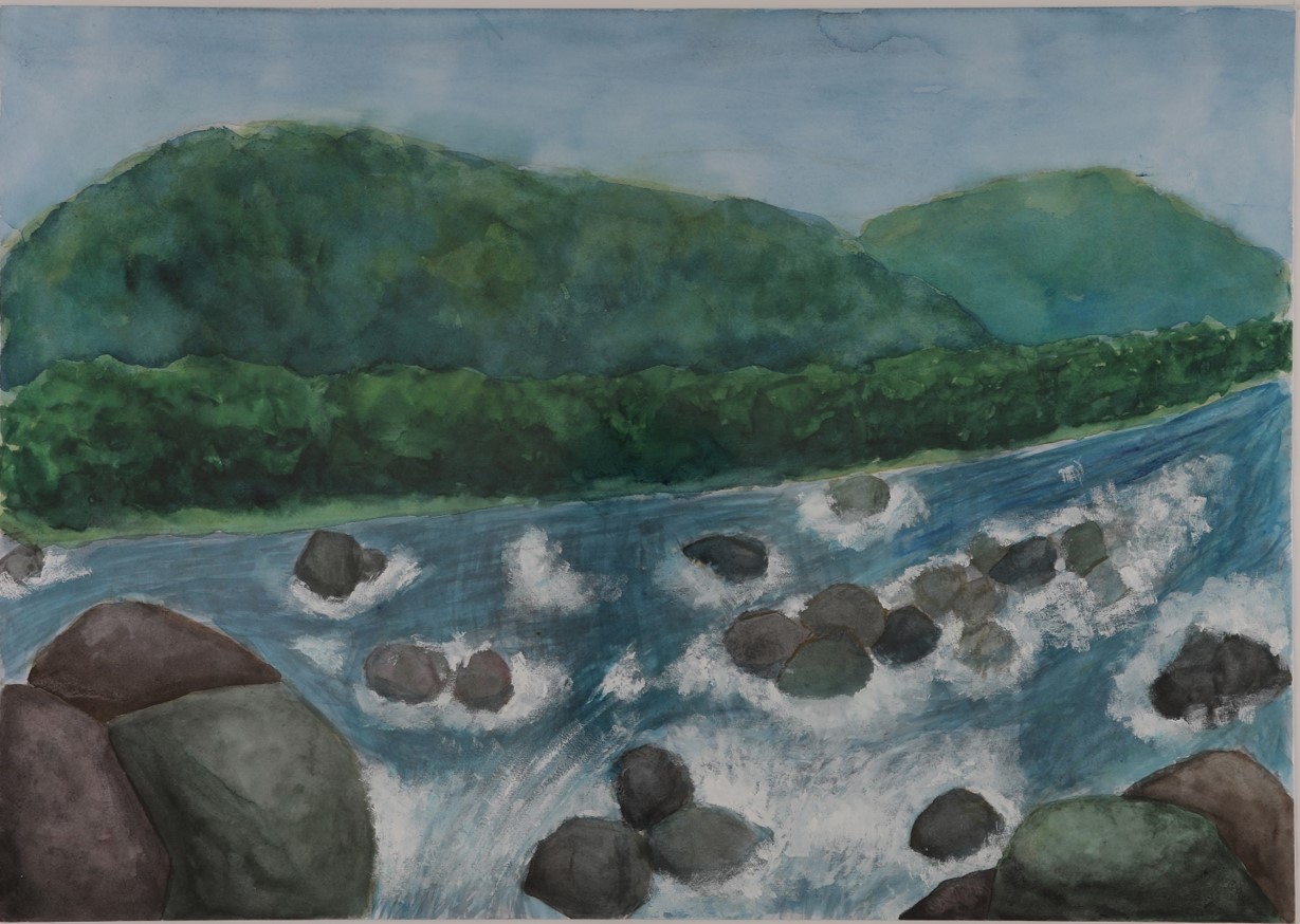 国土交通省 千曲川河川事務所 第37回千曲川 犀川ふれあい絵画コンクール 中学生の部 銅賞 ふるさとの川 長野市立豊野中学校 カンガルーアートスクール ２年 林 萌々香さん 講評 激しい川の流れを岩にあたる水しぶきで力強く表現された作品 透明