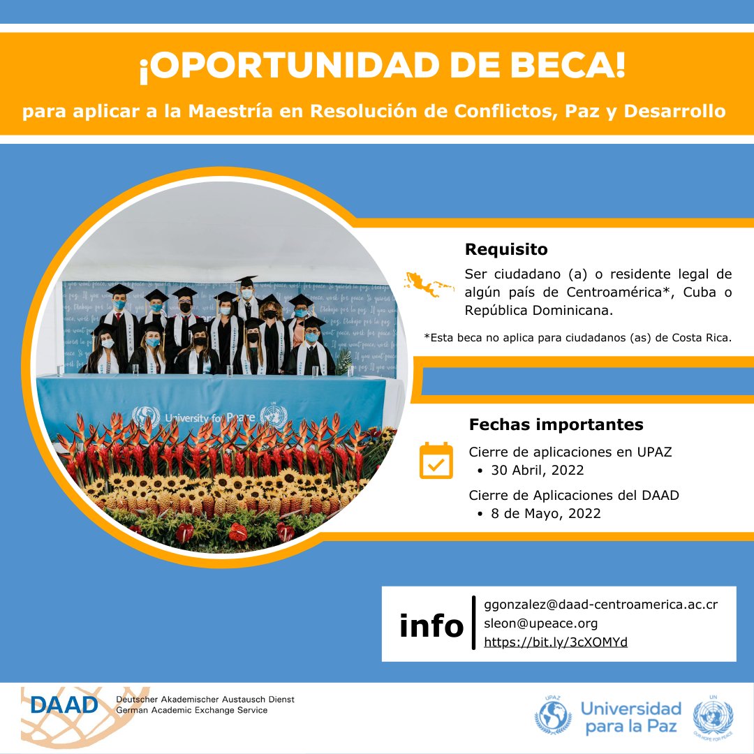UPEACE's tweet photo. ¡ESTA ES TU OPORTUNIDAD! Todavía puedes aplicar para una #becacompleta, otorgada por el Servicio Alemán de Intercambio Académico (DAAD). Para más información, visita: https://t.co/JWnE5IOWiz https://t.co/sMqGMX4Zcd