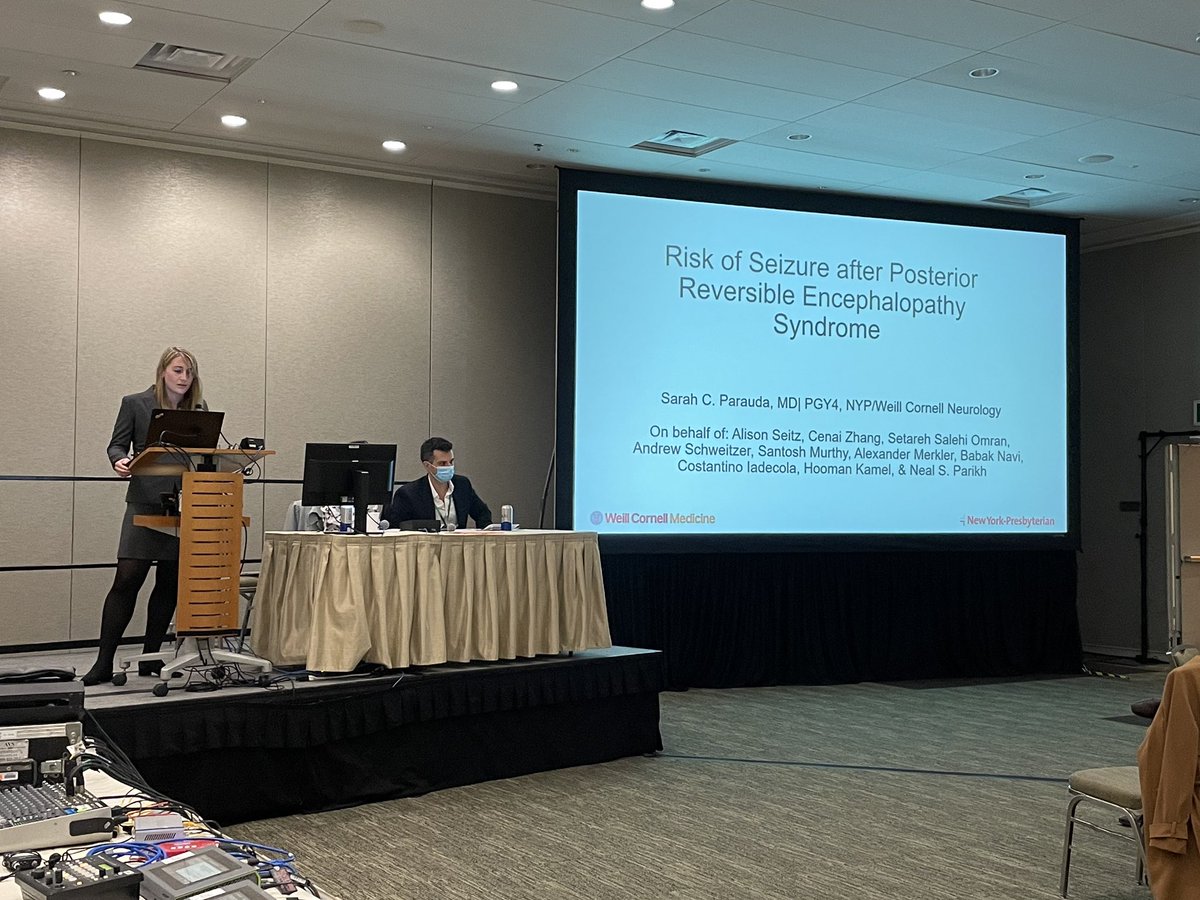 Our resident @sarahbellum37 presents new study with co-resident Alison Seitz in the #stroke platform session on the long term risk of #seizure after #PRES
#AANAM @AANMember 
@CenaiZhang @SetarehOmranMD @san_murthy @merkler_alex @costantinoiade1 @hoomankamel @NealSParikhMD