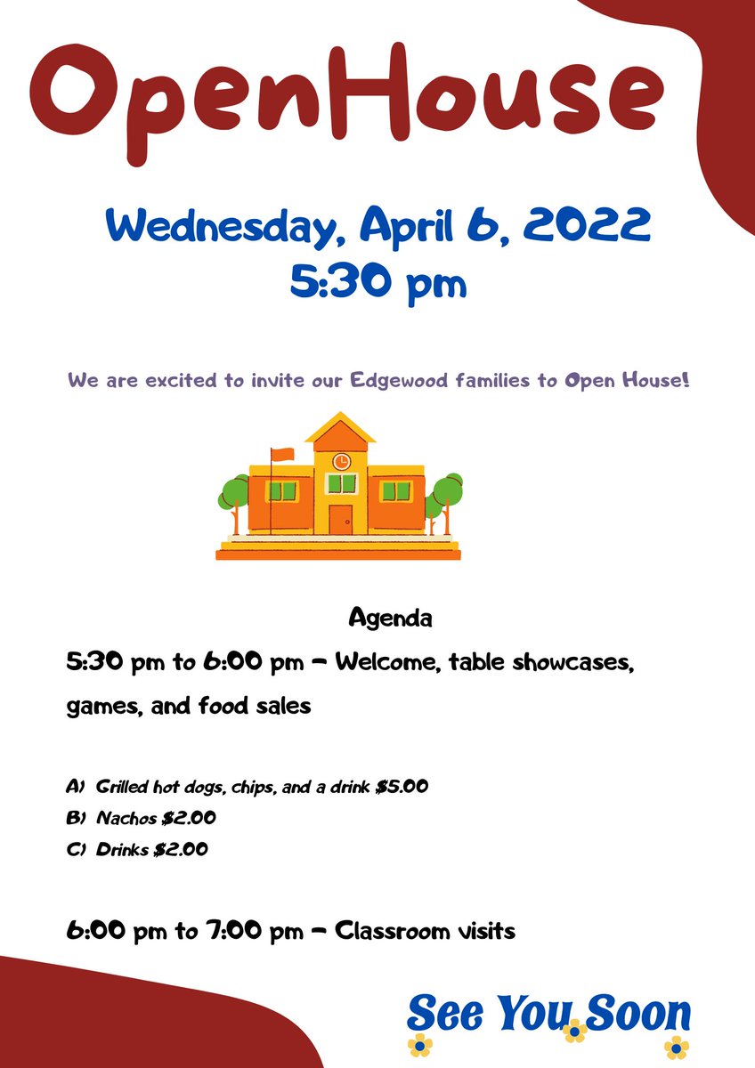 EdgewoodBUSD's tweet photo. Our Open House will take place on Wednesday, April 6, 2022 at 5:30 pm.  We will have our Band performing a few songs, and our Student Leaders (with help of parent volunteers) will sell hot dogs, nachos, and other snacks!

We will see you on Wednesday! https://t.co/HOQHrucSKF