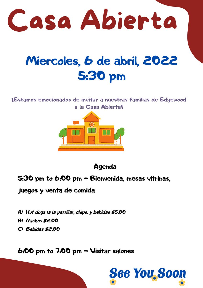 Our Open House will take place on Wednesday, April 6, 2022 at 5:30 pm.  We will have our Band performing a few songs, and our Student Leaders (with help of parent volunteers) will sell hot dogs, nachos, and other snacks!

We will see you on Wednesday!