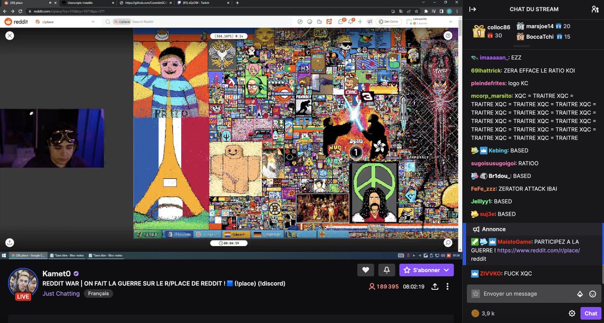 Comment voulez-vous que j'aille dormir alors que mon pays est en GUERRE de pixels 🇫🇷 Vive internet, vive le streaming, vive <a href="/Kammeto/">Kameto</a> #Twitch #RedditPlace 
Rejoignez la guerre pour vaincre 🇪🇸 &amp; 🇺🇸 : reddit.com/r/place/
