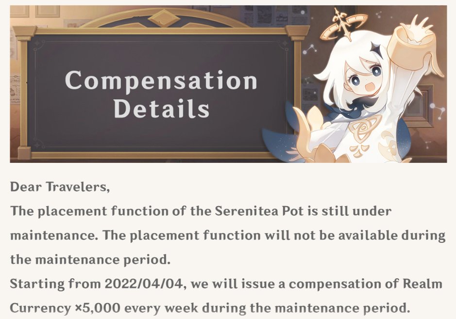 SaveYourPrimos's tweet photo. In-game notice for #teapotgate:

We will be receiving 5000 x Realm Currency "every week" during maintenance / every Monday starting tomorrow.

The message gives no estimated end date. https://t.co/gfk1Phvlmj