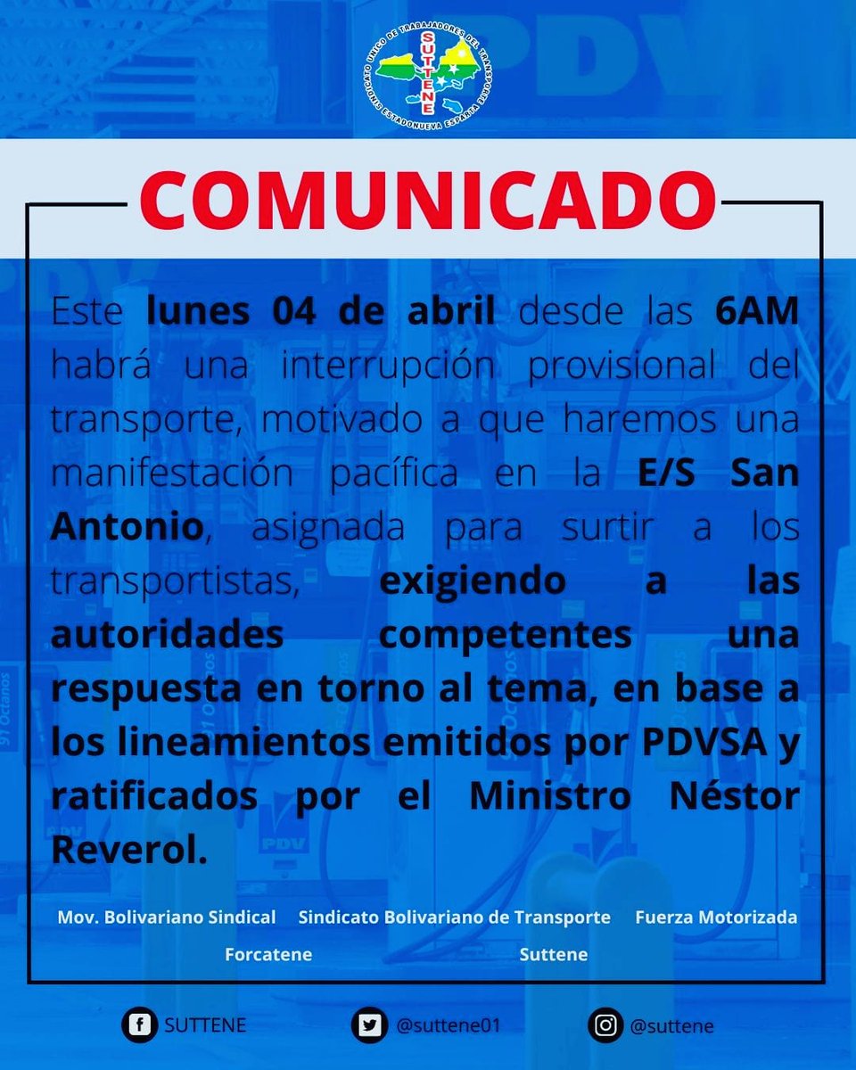 suttene_'s tweet photo. #Comunicado | Este lunes #4Abril habrá interrupción del servicio a partir de las 6am, motivado a que exigiremos respuestas en torno al surtido de combustible ⛽.

Realizaremos una manifestación pacífica en la E/S San Antonio.

#NuevaEsparta
@NestorLReverol 
@BajoLaLupaInfo https://t.co/cCU5wRCEMz