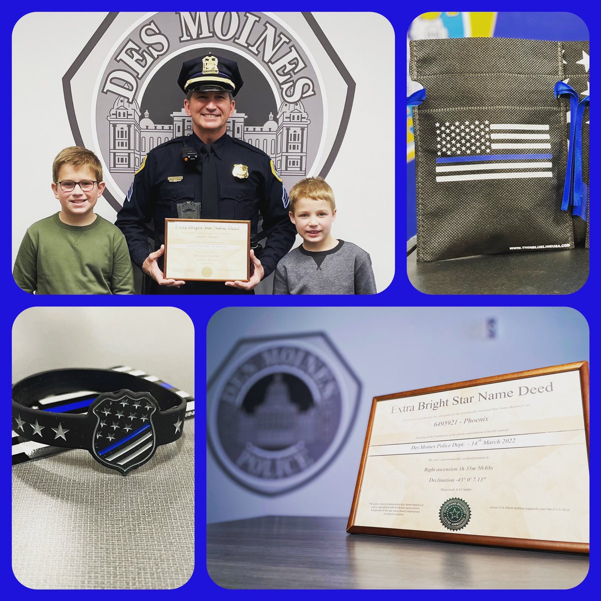 Today, we received one of the most unique “thank you” visits ever.
Jesse IV and Milo pooled their allowances to get the men and women of DMPD a star! A REAL STAR.  They also shared gift bags for our staff.
Your generosity and thoughtfulness brightened today, and the days ahead!