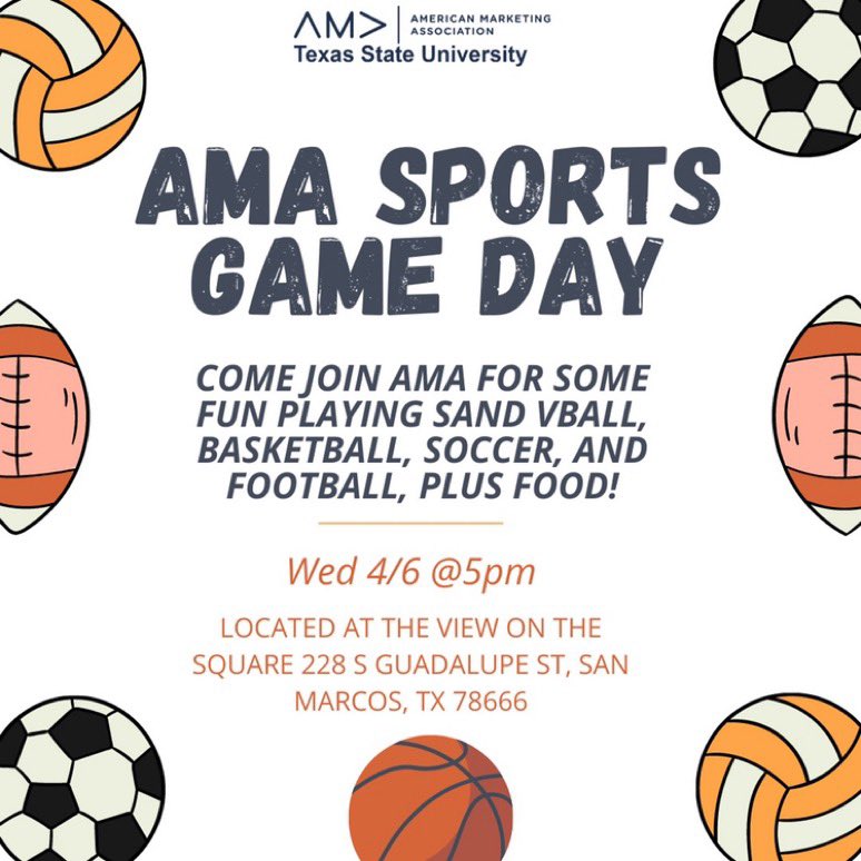 txst_ama's tweet photo. AMA Sports Game Day this Wednesday at 5pm!! We hope to see you there! #txstama Share the post & bring your friends! https://t.co/7LcexLlZOK