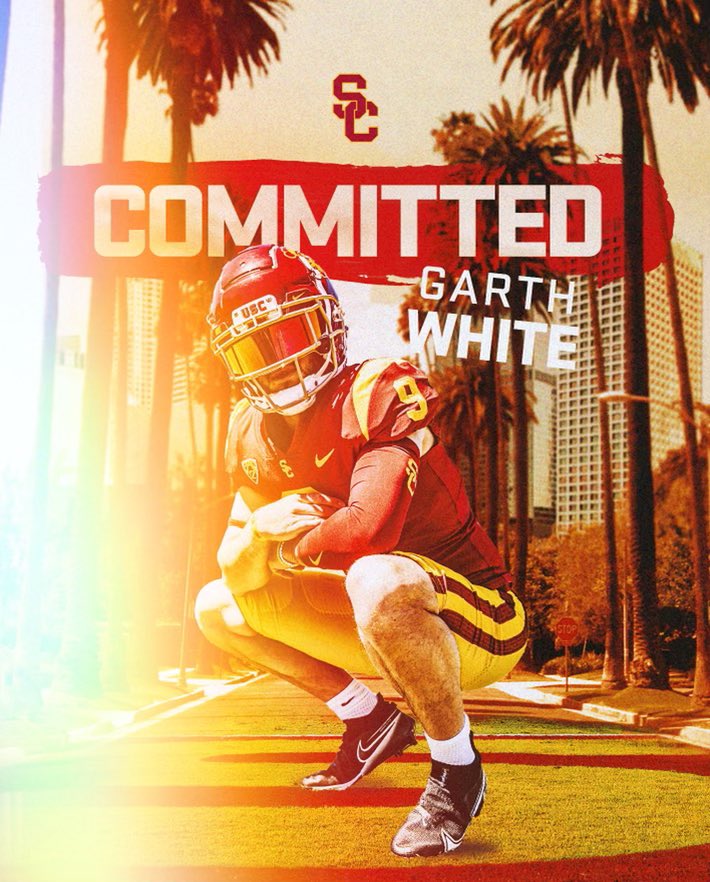 garth_white's tweet photo. After a great visit and day with @CoachRDougherty, I am excited to announce I am 110% committed to The University of Southern California! ✌️#FightOn ✌️ @LincolnRiley @USC_FB @USC_Athletics @KornblueKicking @CoachMoose @Chris_Sailer https://t.co/EO6PsNZzdw