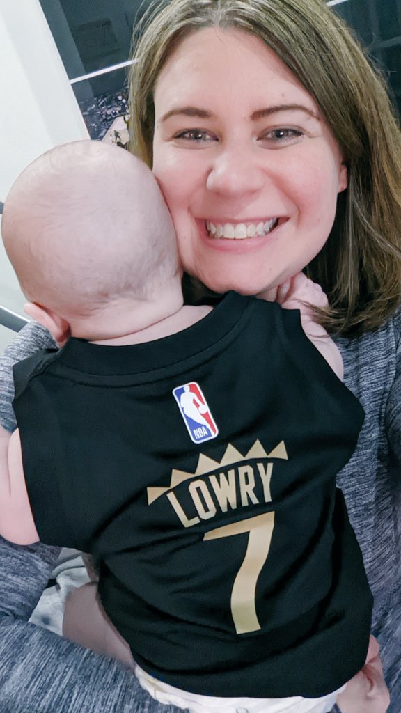 SonjaMissio's tweet photo. In his Sunday's best for @Klow7
#rtz
#tangerinefanangle
#WelcomeBackKyle
@Raptors
@TangerineHoops
(yes, our three-month-old baby is wearing a 24-month-old jersey) https://t.co/E1FS7kAETc