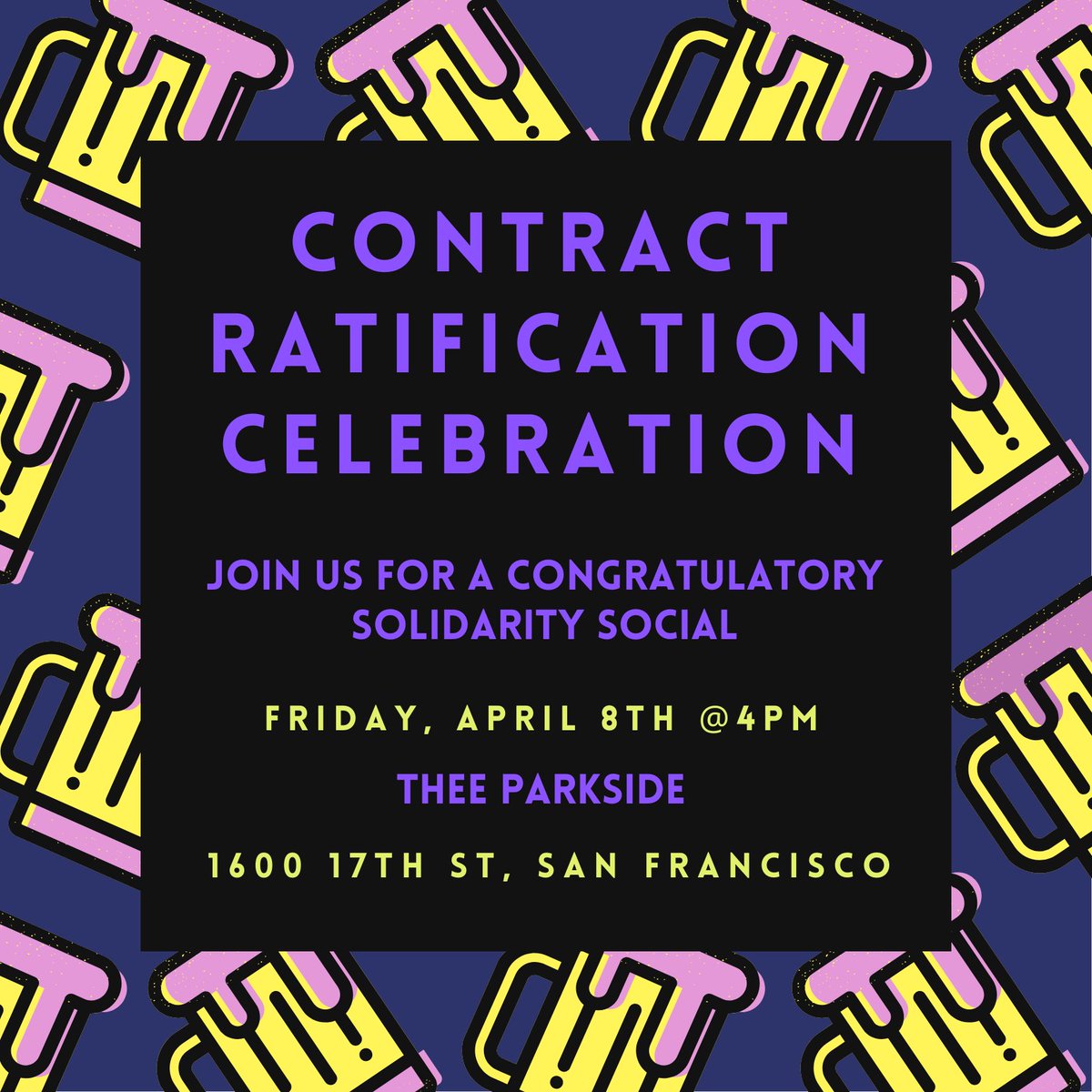 sfoakunite's tweet photo. Join us today for a congratulatory solidarity social to celebrate the ratification of both the staff and @cca_adjunctunion contracts! Our ratification celebration begins at 4p at Thee Parkside. This moment has taken years of work and we couldn’t have done it without all of you! https://t.co/KLY4dMOzwj