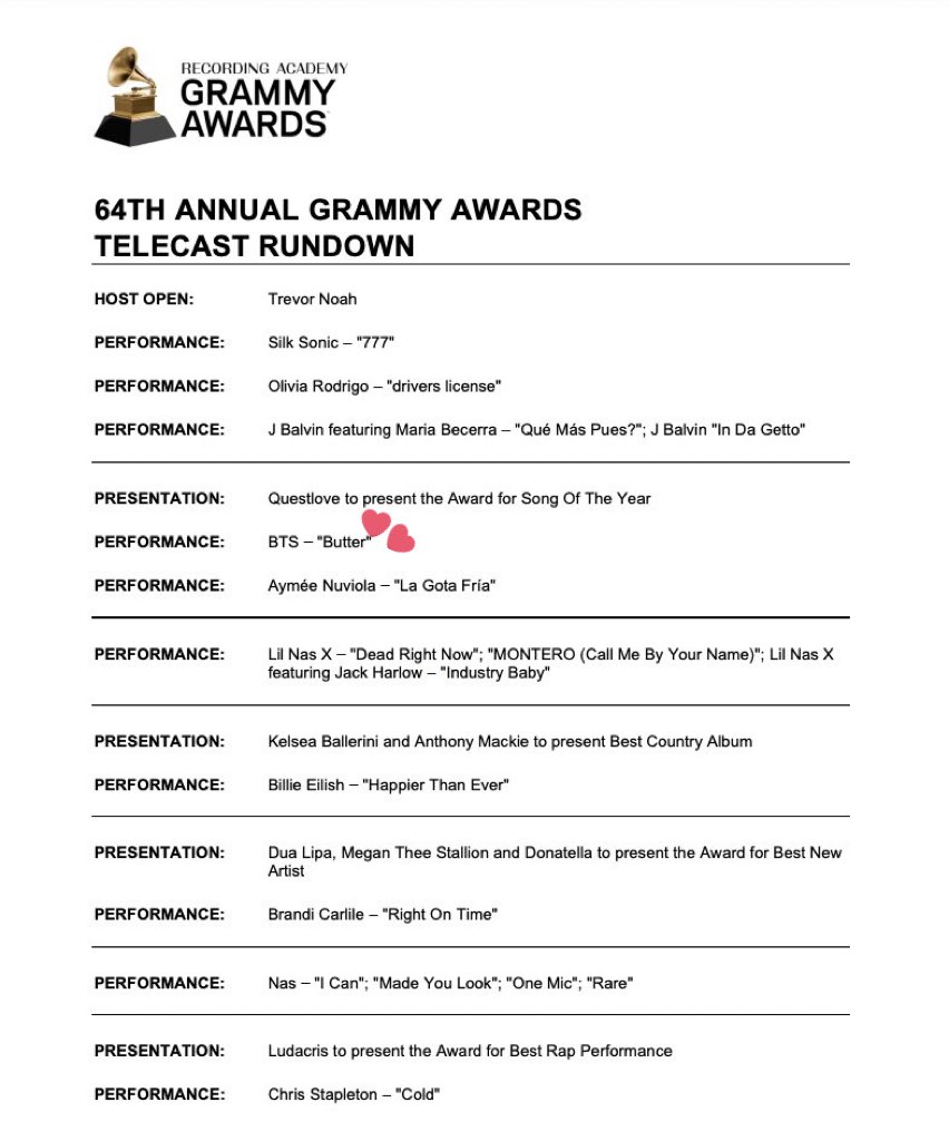 AureliaOT7's tweet photo. BTS performing soon after J Balvin and SOTY is awarded 

Best pop duo/group performance award near the end of the night after Peaches is performed https://t.co/hi7KmvWm2N