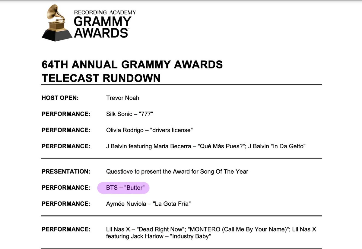 BIGHIT_INFO's tweet photo. BTS will Perform Butter in the #GRAMMYs 2022 

Avril Lavigne will present the Award for Best Duo/Group Performance https://t.co/NnGZ4wYyLr