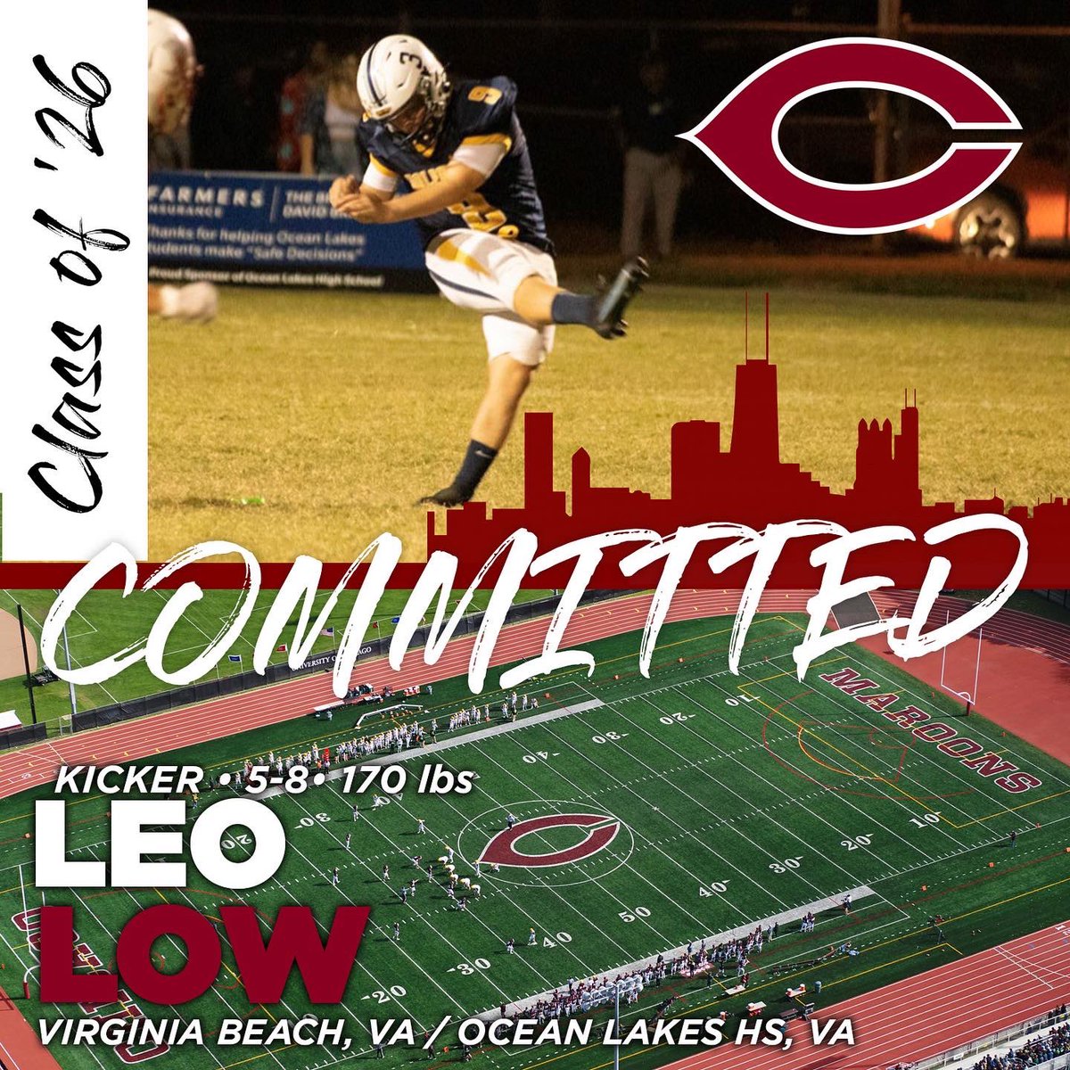 leolow_3's tweet photo. Excited to announce my commitment to further my academic and athletic career at The University of Chicago! #rollroons #maroonmade @UChicagoFB https://t.co/sWPH7O4bPQ