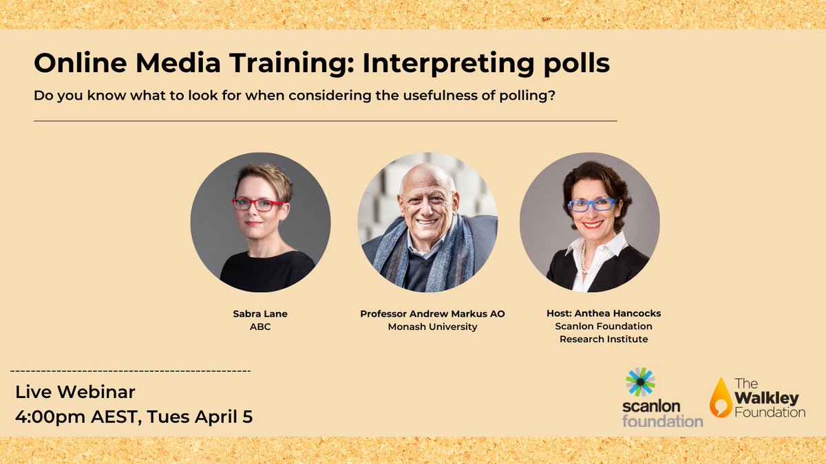 Media Diversity AU (@mediadiverseau) on Twitter photo Final chance to register for the <a href="/walkleys/">Walkley Foundation</a> and <a href="/Scanlon_Fdn/">Scanlon Foundation</a> free webinar taking place on April 5 at 4:00pm. The session will cover interpreting polls with <a href="/SabraLane/">Sabra Lane</a> and <a href="/andrew_markus/">Andrew Markus</a>.
Tickets here: eventbrite.com.au/e/online-media… Final chance to register for the <a href="/walkleys/">Walkley Foundation</a> and <a href="/Scanlon_Fdn/">Scanlon Foundation</a> free webinar taking place on April 5 at 4:00pm. The session will cover interpreting polls with <a href="/SabraLane/">Sabra Lane</a> and <a href="/andrew_markus/">Andrew Markus</a>.
Tickets here: eventbrite.com.au/e/online-media…