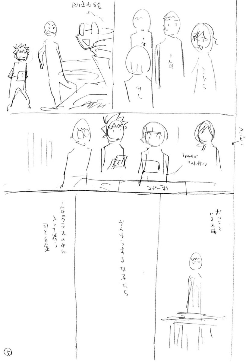 前回のネームと原稿比較。
真ん中のコマ、ネームでは卓球経験者のリストをコンビニで印刷するつもりだったけど、そんなに大量にないだろうから手描きに変更。
「作画の自分がんばれ」的な雑なネーム…。 