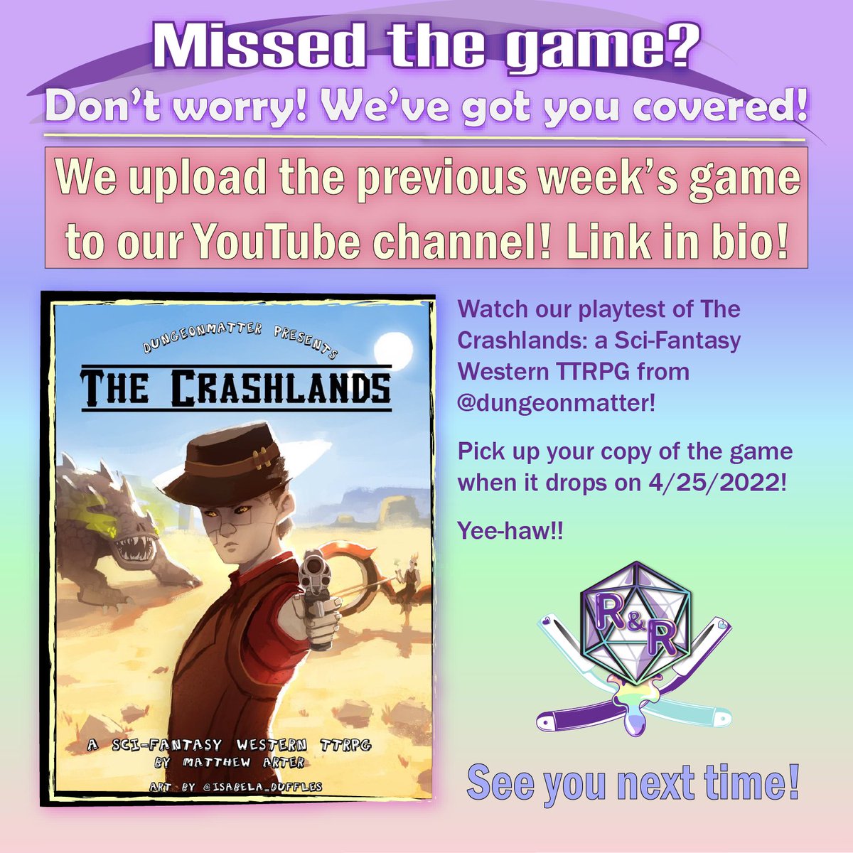 RandRProduction's tweet photo. Did you miss our game? Don't worry, we have VOD! Check out our YouTube to see our playtest of The Crashlands! Pick up your copy from @DungeonMatter on 4/25!
https://t.co/FVSt8yCYE7
#TTRPGs #twitchstreamer #roleplayer #twitch #tabletopgaming #youtube #youtubegaming #youtuberpg https://t.co/spVIlIkqJv