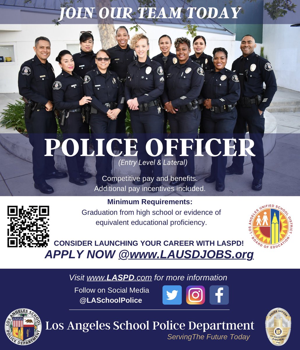 LASchoolPolice's tweet photo. 🚨#JoinOurTeam🚨

The new application period is NOW OPEN from 4/1/2022 to 5/24/2022.

Apply now at https://t.co/96pJcwvFgx or visit https://t.co/mb0b8SDpdj for more information.

* California Pellet B t-scores accepted*

#LASPD #NowHiring #TeamLASPD #ServingTheFutureToday https://t.co/TrLLAZDMgh