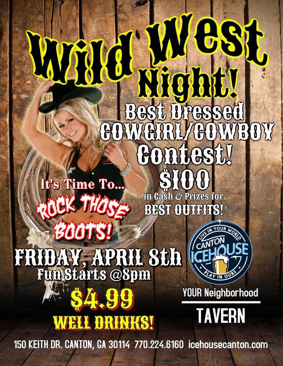IcehouseCanton's tweet photo. This Friday, April 8th, come out for Wild West Night! Break out your boots, hats and belt buckles for a good ole country time! https://t.co/Bzx3Nuk0eP