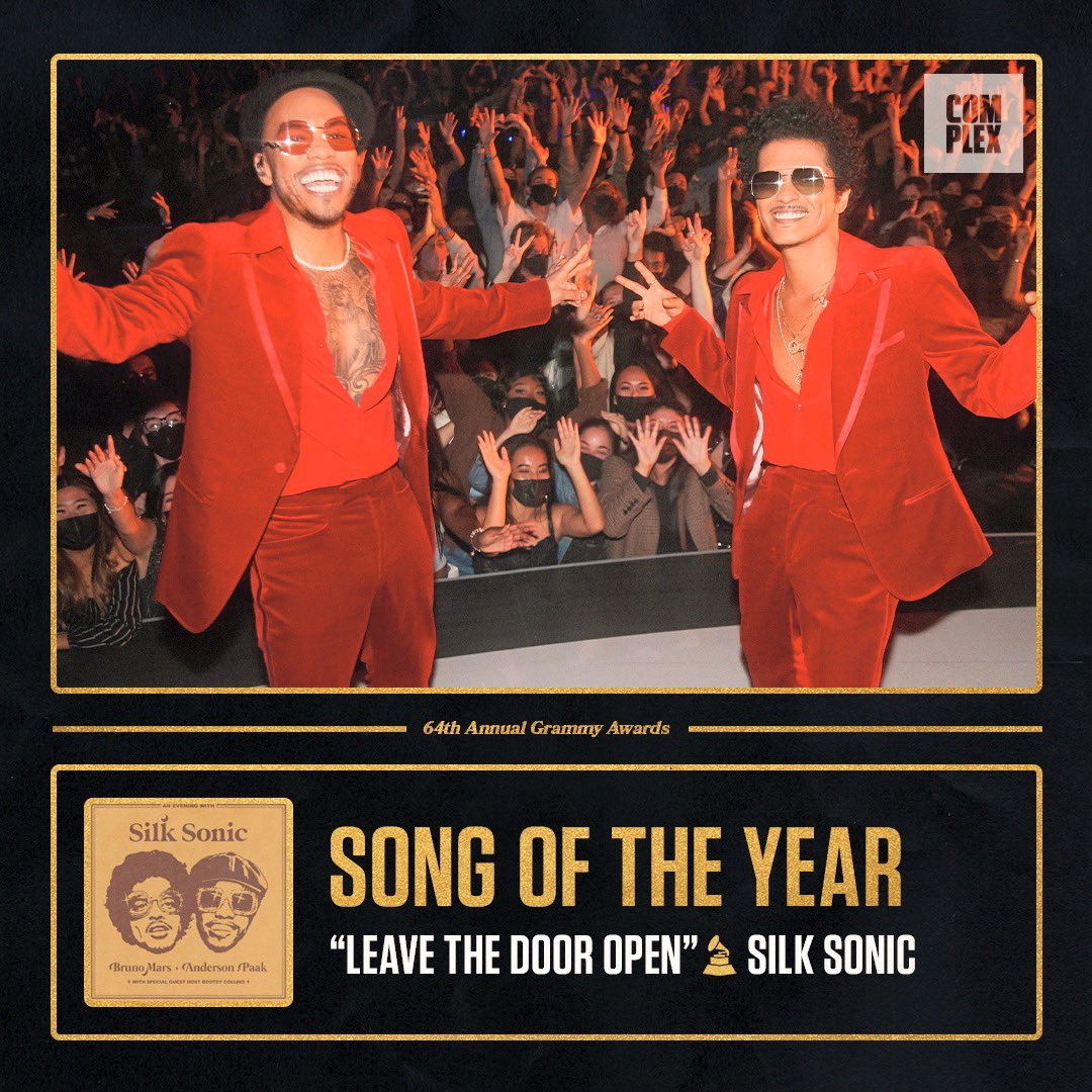 ComplexMusic's tweet photo. SONG OF THE YEAR 🏆 #GRAMMYs 

“Leave The Door Open” - @silksonic https://t.co/jyN86OKNI4