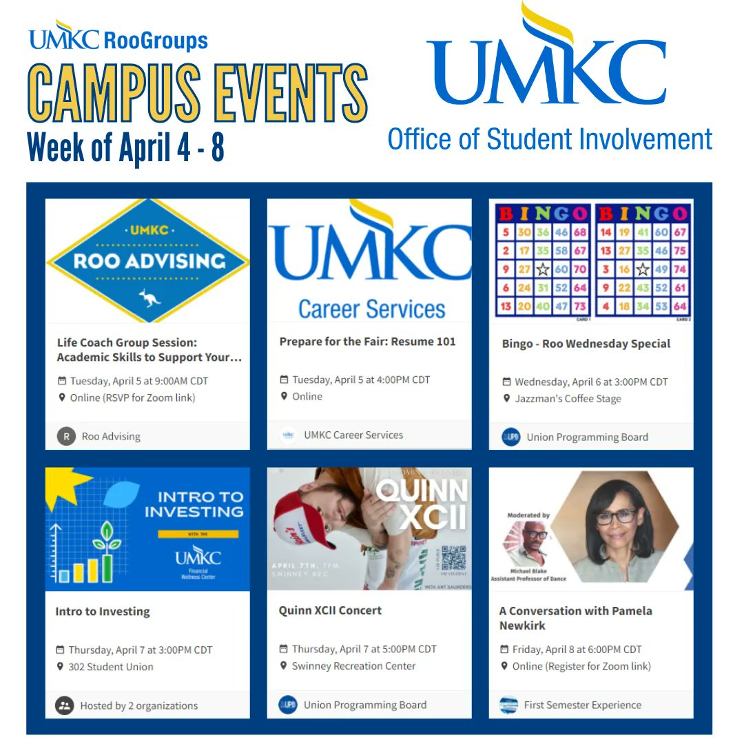We hope you had an excellent spring break, Roos! We have a variety of exciting events on campus this week, including our Spring Concert, sponsored by @umkcupb and @umkcsga. Head to RooGroups to view all events and event details for the week! roogroups.umkc.edu/events