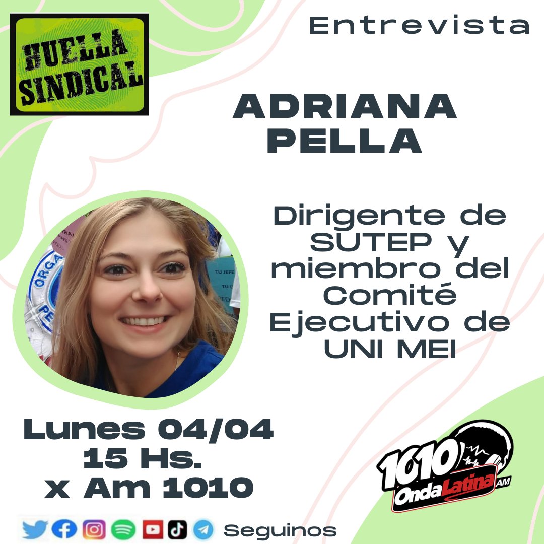 HuellaSindical's tweet photo. Entrevista este Lunes 15 Hs. Adriana Pella por Am1010 ✅️  #adrianapella #huellasindical #am1010 @HuellaSindical #convenio190oit https://t.co/moZHO77XUL