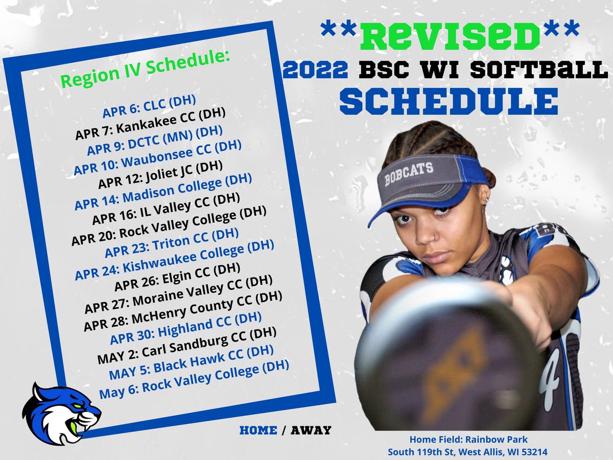 BobcatSB_WI's tweet photo. Since Mother Nature called for another week of winter in the Midwest… Throw away your old schedules! Here is our revised NJCAA Region IV game schedule as of today!
GAME DAY🥎🔜Wed. April 6th!
#rollcats #WIN #comonspring https://t.co/47yJ64FxC5