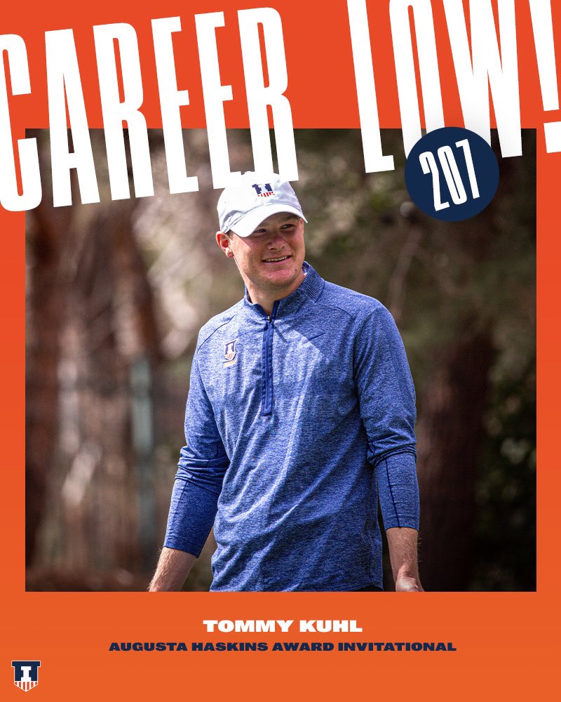 IlliniMGolf's tweet photo. New career-low for @tkuhlgolf this weekend at the @AHAInvite! 

7️⃣1️⃣ - 6️⃣5️⃣ - 7️⃣1️⃣ = 2️⃣0️⃣7️⃣

“Tommy really played this week. I'm really excited for him, and his development. He's been working hard, and I think he's got some good golf ahead of him."
- Head Coach @MikeSmall4 https://t.co/oVryCQMBcf