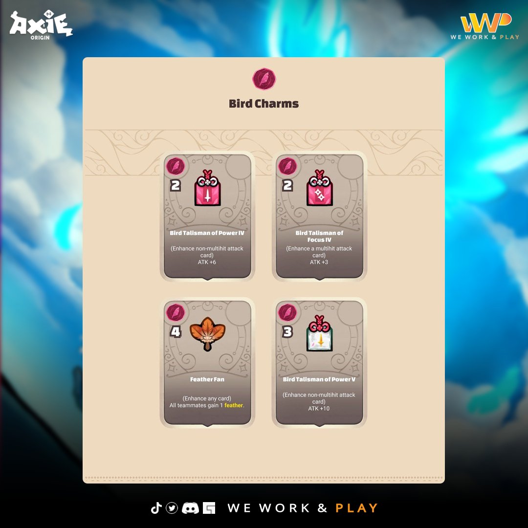 wwp_guild's tweet photo. 🐦 Bird Runes &amp; Charms.

These power-ups add new customization and theory crafting to Origin’s already robust meta!

Join WWP Guild on DISCORD: https://t.co/PYNnLvTtF5

#wwpofficial #AxieInfinity
#nfts #NFTGame 
#AxieScholar  #AxieScholarship https://t.co/WVP4W0RJbi
