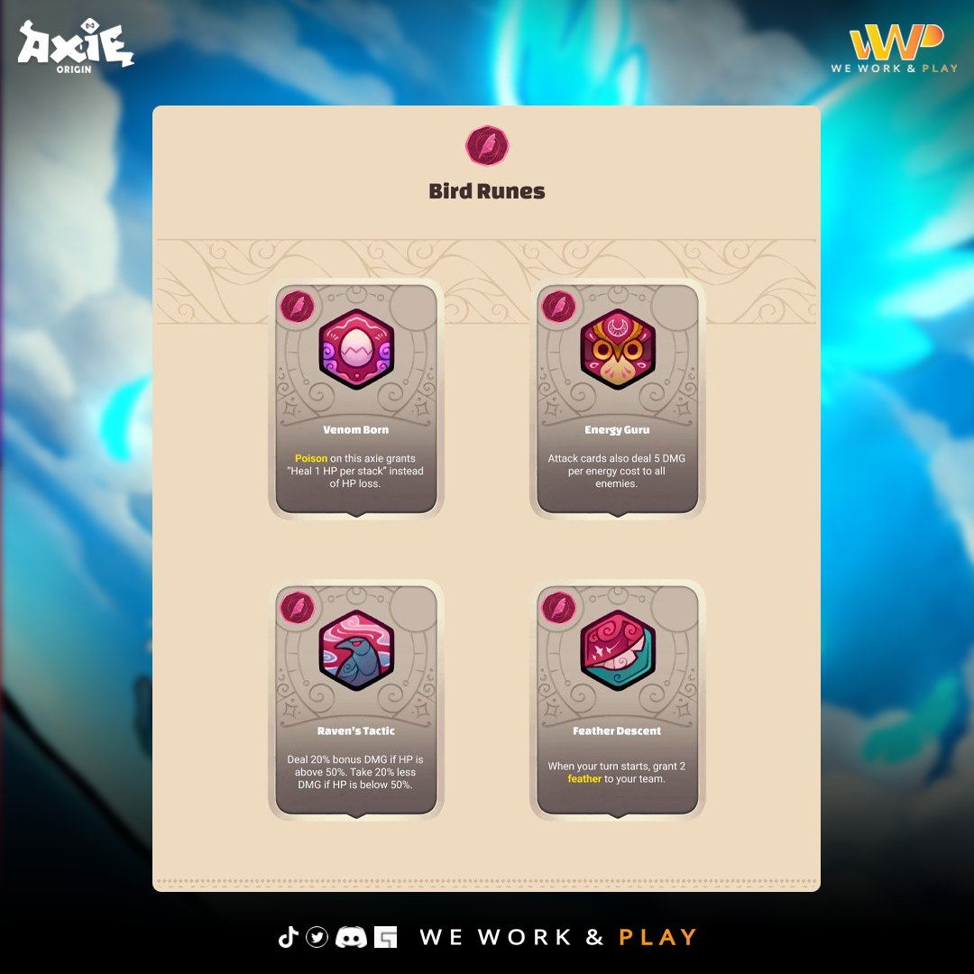 wwp_guild's tweet photo. 🐦 Bird Runes &amp; Charms.

These power-ups add new customization and theory crafting to Origin’s already robust meta!

Join WWP Guild on DISCORD: https://t.co/PYNnLvTtF5

#wwpofficial #AxieInfinity
#nfts #NFTGame 
#AxieScholar  #AxieScholarship https://t.co/WVP4W0RJbi
