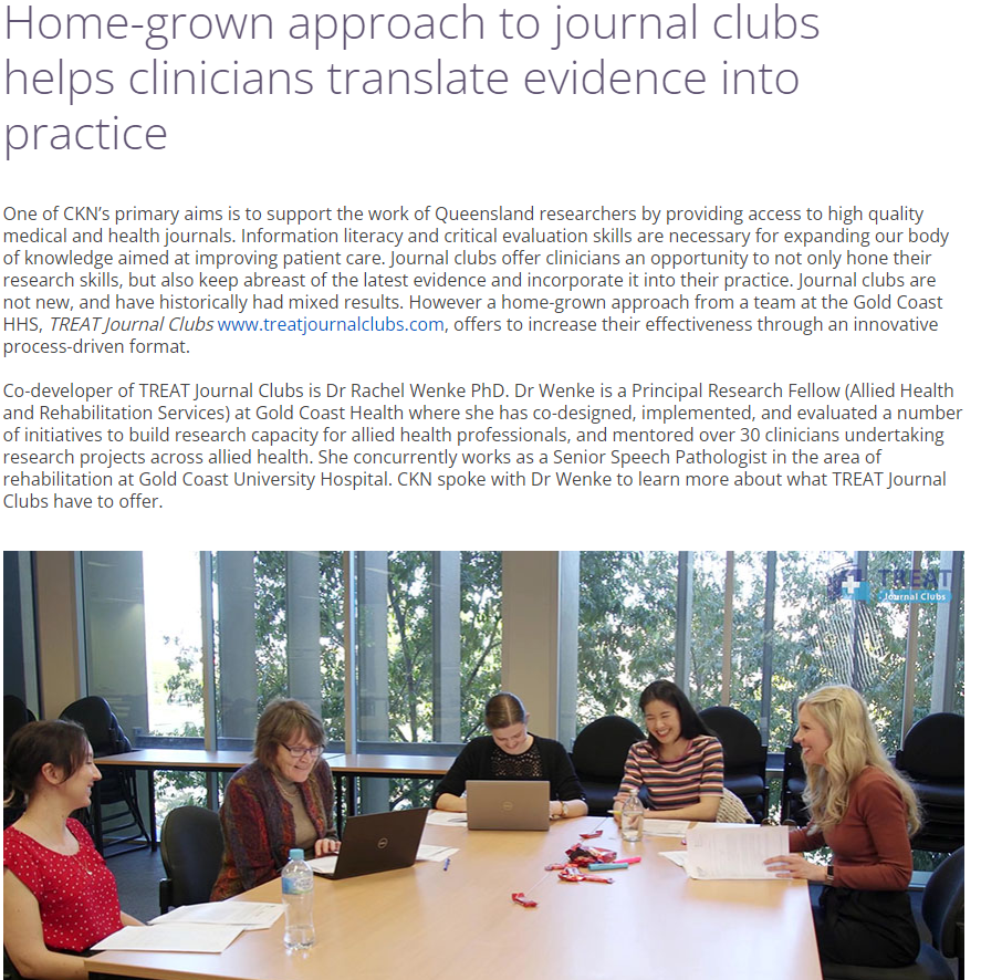 Thanks <a href="/CKN_Queensland/">CKN</a> for the story describing our <a href="/GC_Health/">Gold Coast Health</a> TREAT #journalclubs journey and the treatjournalclubs.com website now available to all health professionals wanting to start or revamp a journal club!
ckn.org.au/content/home-g…