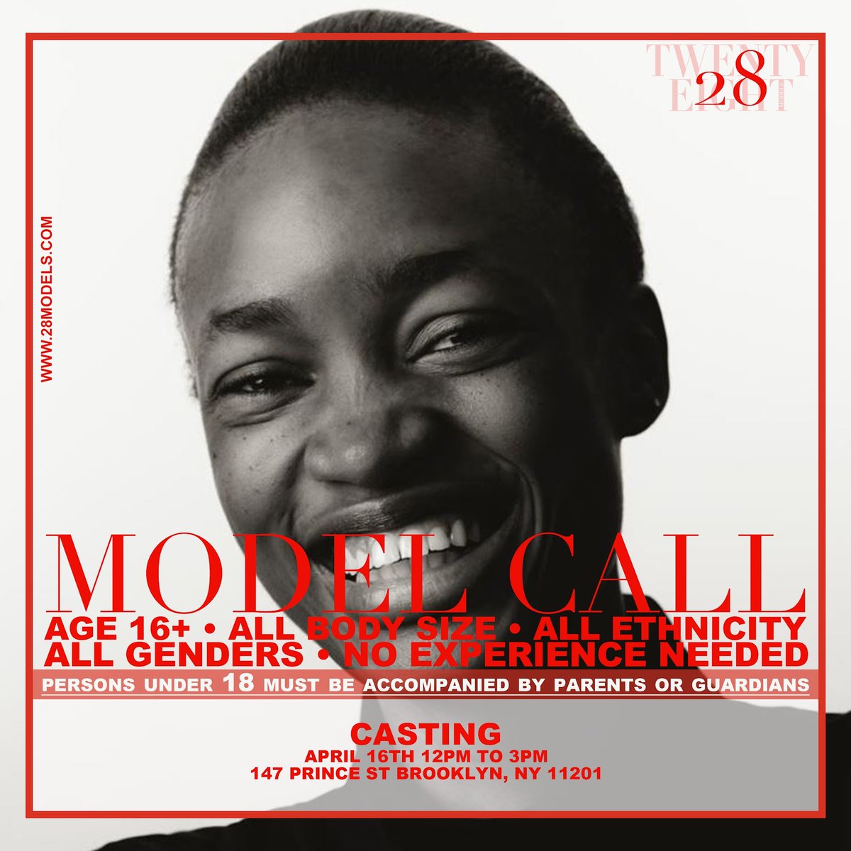 28models's tweet photo. Ready to be seen? If yes, you are in the right place. We are hosting our first live open model call.

April 16th 12pm to 3pm
147 prince St BKLY, NY 11201
16+ • ALL BODY SIZE • ALL ETHNICITY • ALL GENDERS • NO EXPERIENCE

UNDER 18 MUST BE ACCOMPANIED BY GUARDIANS. #modelsearch https://t.co/Eu7Euinelo
