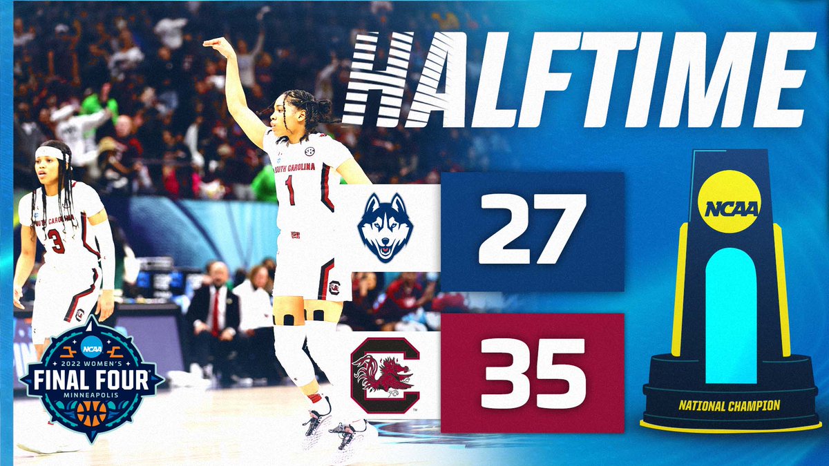 Halftime

(2) <a href="/UConnWBB/">UConn Women’s Basketball</a> - 27
(1) <a href="/GamecockWBB/">South Carolina Women's Basketball</a> - 35

#WFinalFour