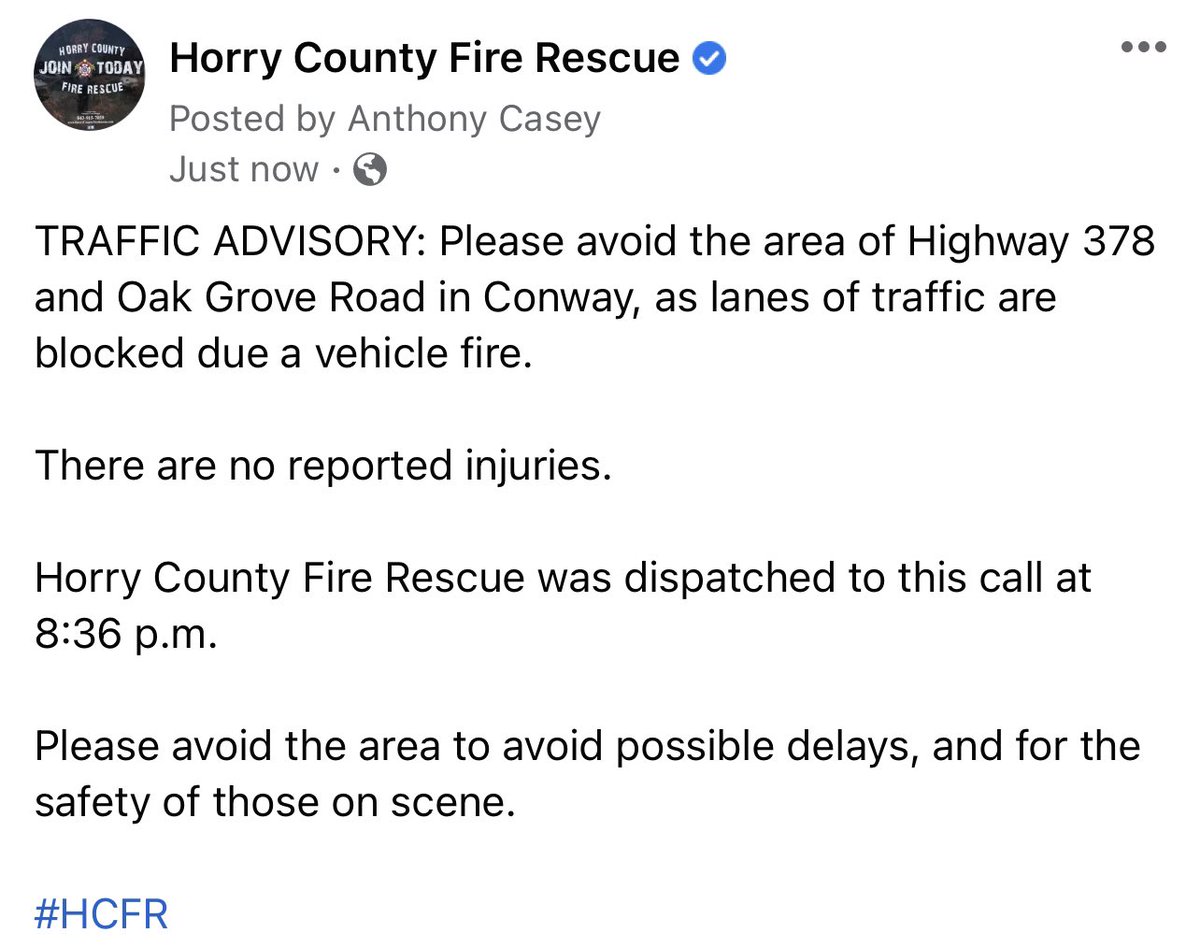 Info. on Conway vehicle fire.

#HCFR https://t.co/ARdoRpdGPl