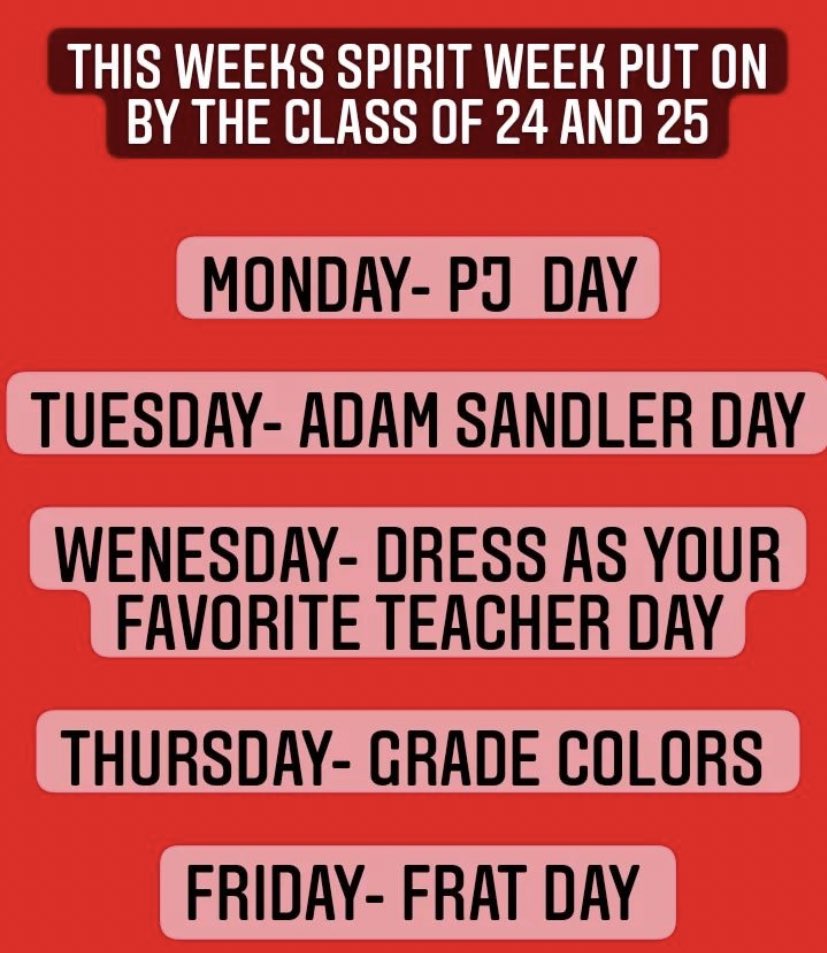 The freshman and sophomore classes are putting on a spirit week this week!! Wear your pajamas tomorrow 😴