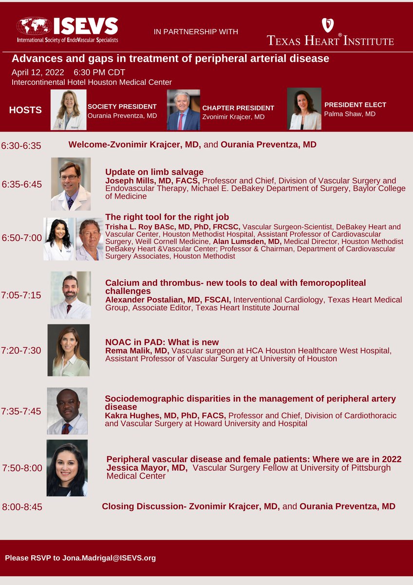 ISEVS (@isevsonline) on Twitter photo Join our next ISEVS Houston meeting on April 12th 6:30pm CDT! Register in advance for the webinar: us02web.zoom.us/webinar/registā¦
RSVP for in-person: jona.madrigal@isevs.org
<a href="/VascularGirl212/">Vascular Girl</a> <a href="/AlanLumsdenMD/">Alan Lumsden, MD, CV Chairman/Director</a> <a href="/OPreventzaMD/">Ourania Preventza</a> <a href="/Texas_Heart/">The Texas Heart Institute</a> <a href="/remajaved/">Rema J. Malik</a> <a href="/trisharoymd/">Trisha L. Roy MD PhD FACS</a> <a href="/HMethodistCV/">Houston Methodist CV</a> <a href="/jmills1955/">Joseph L. Mills MD</a> Join our next ISEVS Houston meeting on April 12th 6:30pm CDT! Register in advance for the webinar: us02web.zoom.us/webinar/registā¦
RSVP for in-person: jona.madrigal@isevs.org
<a href="/VascularGirl212/">Vascular Girl</a> <a href="/AlanLumsdenMD/">Alan Lumsden, MD, CV Chairman/Director</a> <a href="/OPreventzaMD/">Ourania Preventza</a> <a href="/Texas_Heart/">The Texas Heart Institute</a> <a href="/remajaved/">Rema J. Malik</a> <a href="/trisharoymd/">Trisha L. Roy MD PhD FACS</a> <a href="/HMethodistCV/">Houston Methodist CV</a> <a href="/jmills1955/">Joseph L. Mills MD</a>