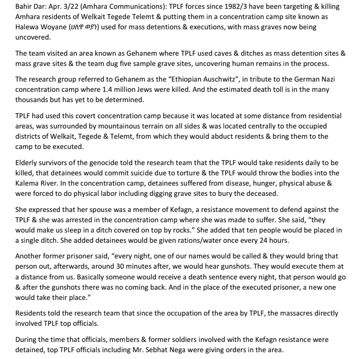 TheDejazmach's tweet photo. 1/ [Update Apr. 3/22] Amhara Communications: A Gonder University Research Team has been investigating the historic genocide perpetrated by the Tigray People's Liberation Front (TPLF) against Amharans during their occupation of Welkait, Tegede &amp; Telemt (since 1982/3).

🧵 (TW) https://t.co/cPtU61VeA3