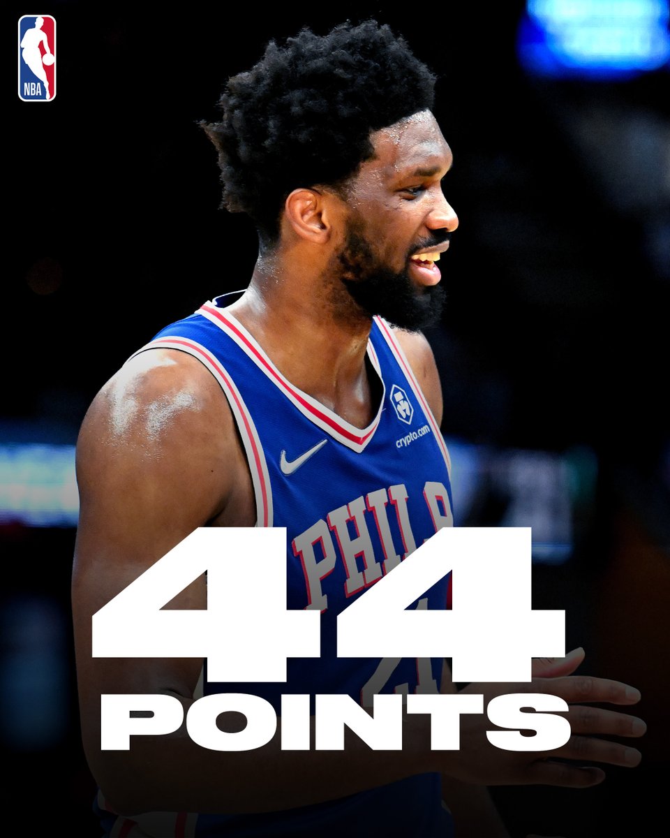 NBA's tweet photo. What a performance by @JoelEmbiid 

🔔 44 PTS
🔔 17 REB
🔔 5 BLK
🔔 @sixers WIN https://t.co/u1roZ70Uhg
