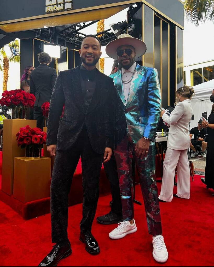 TheYBF's tweet photo. #DJDNice (in Dolce) links up with EGOT #JohnLegend on the #Grammys red carpet. https://t.co/RWlfycedll https://t.co/Dqxewbmcls