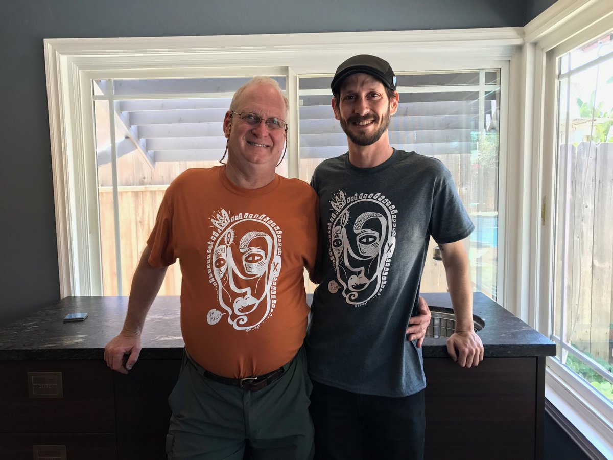 FiiiDGT's tweet photo. This guy stole my art! 🚨🚓 I mean, I guess its ok, he is my dad. 👨‍👦❤️
.
First Fiiidgt merch ever made were these bootleg shirts by my dad. He pulled an image off IG and took it to a printer without me knowing. 😂 
He even got one for me.
.
I love art merch. https://t.co/hW4pgTP1wc